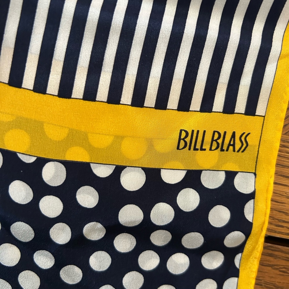 Vintage BILL BLASS Blue & Yellow Striped and Polka Dot Silk Scarf - Picture 8 of 12